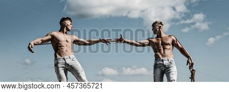 Men Arm, Salvation. Two Hands, Helping Arm Of A Friends, Teamwork. Rescue, Help Gesture Or Hands. St