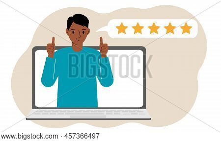 User Reviews. Laptop With A Man With Thumbs Up. Customer Review, Online Review, Star Rating, Feedbac