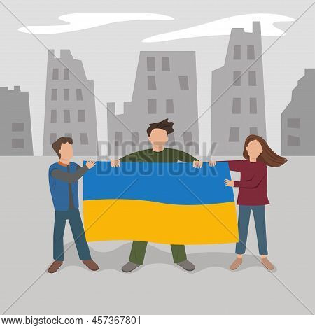 Ukrainian People With A Flag In A Ruined City