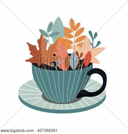 Cup Illustration With Line Print And Autumn Leaves