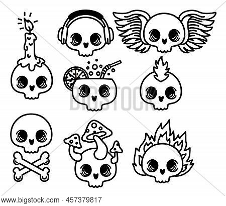 Set Of Cute Cartoon Skulls With A Candle, Headphones, Flames, Mushrooms And Wings On A White Backgro