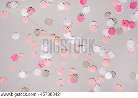 Party Colorful Confetti Over Grey Background . Top View, Flat Lay