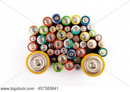 Used Batteries-danger To The Environment Horizontal Shot. Multicolored Used Electric Batteries View 