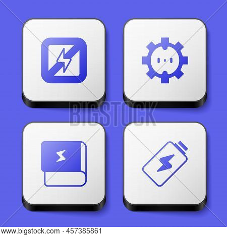 Set No Lightning, Electrical Outlet, Book About Electricity And Battery Charge Icon. White Square Bu