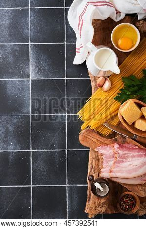 Ingredients For Pasta Carbonara. Traidtional Italian Pasta Carbonara Ingredients Bacon, Spaghetti, P