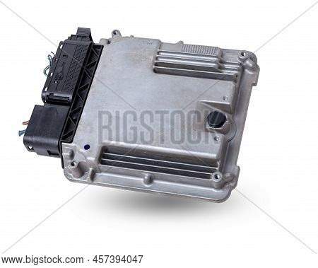 Plastic Car Engine Control Unit With Metal Elements On A White Isolated Background Is The Connecting