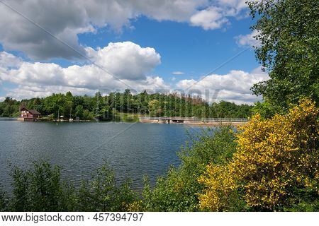 Panoramic Landscape Of Brucher Reservoir At Summertime, Recreation And Hiking Area Of Bergisches Lan