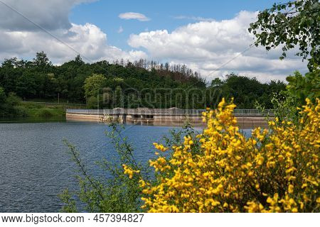 Panoramic Landscape Of Brucher Reservoir At Summertime, Recreation And Hiking Area Of Bergisches Lan