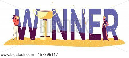 Winner People Flat Composition With Big Text Flying Confetti Pieces And Golden Cup With Female Prize