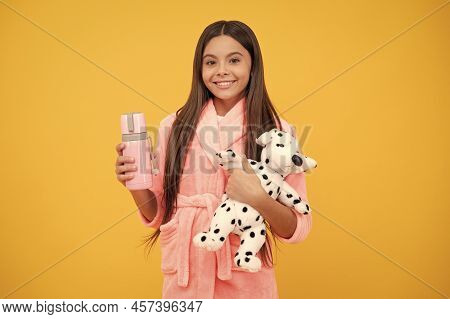 Kid Wear Soft Nightsuit Play With Toy. Child In Cozy Sleepwear. Skin Beauty. Sweet Dreams.