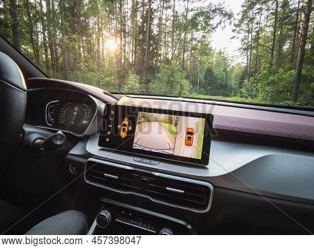Minsk, Belarus - June 2022: Geely Suv Media System Screen Geely Coolray Car.