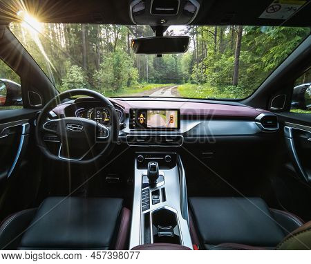 Minsk, Belarus-june 2022: Geely Coolray's Car Steering Wheel And Dashboard.