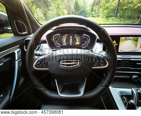 Minsk, Belarus-june 2022: Geely Coolray's Car Steering Wheel And Dashboard.