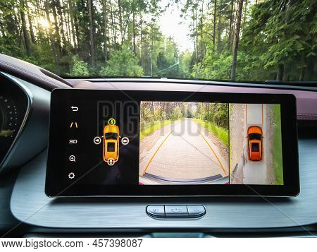 Minsk, Belarus - June 2022: Geely Suv Media System Screen Geely Coolray Car.
