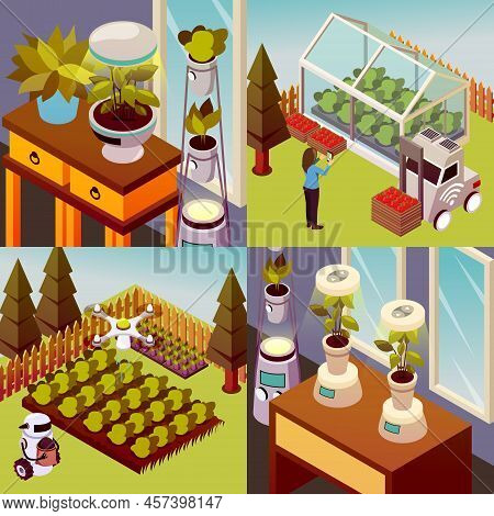 Agricultural Robots Isometric 2x2 Design Concept Set Of Square Compositions Representing Robotised E