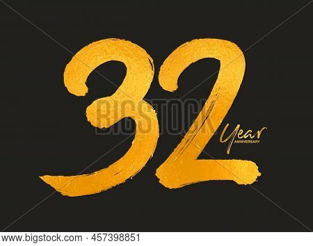 Gold 32 Years Anniversary Celebration Vector Template, 32 Years  Logo Design, 32th Birthday, Gold Le