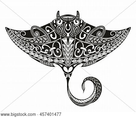 Stingray Manta In Maori Style. Tattoo Sketch Tribal Ethno Style. Tattoo For Divers.
