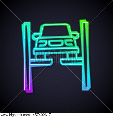 Glowing Neon Line Repair Car On Lift Icon Isolated On Black Background. Repair Of The Underbody, Sus