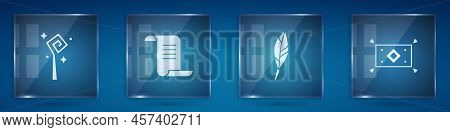 Set Magic Staff, Ancient Magic Book, Feather And Carpet. Square Glass Panels. Vector