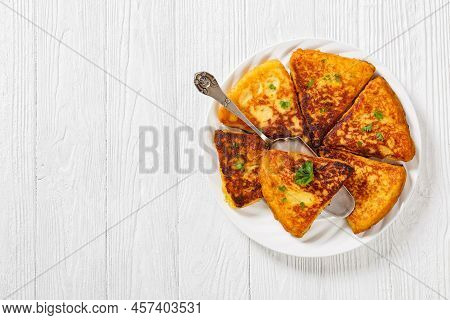 Potato Farls, Irish Potato Cakes, Potato Bread On White Plate On White Wooden Table, Horizontal View