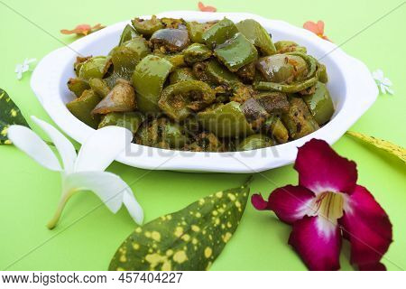 Delicious Capsicum Or Green Bellpepper Curry. Stir Fried With Onions Sauted Indian Asian Sabji With 