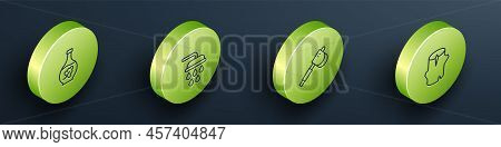 Set Isometric Line Essential Oil Bottle, Shower, Wooden Axe And Log Icon. Vector
