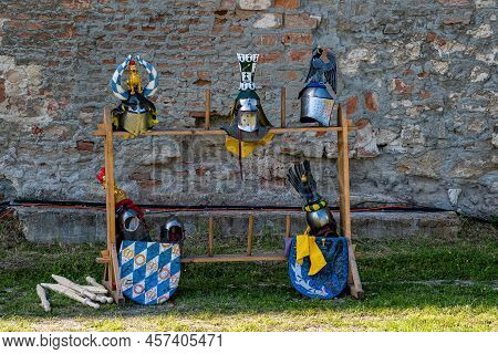 Exhibited Replicas Of Historical Knightly Helmets And Shield
