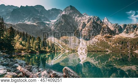 Tatra National Park, Poland. Famous Mountains Lake Morskie Oko Or Sea Eye Lake In Summer Morning. Fi