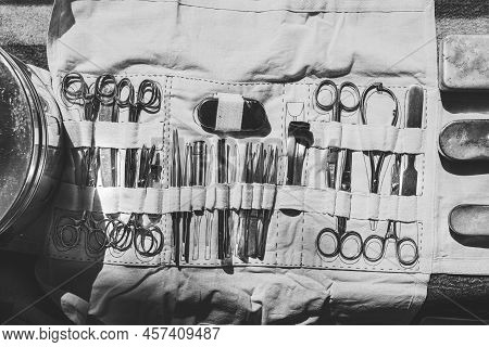 Old Medical And Surgical Instruments. Many Surgical Instruments For Surgery. Old Different Metal Med