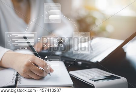 Signing Electronic Documents On Digital Documents Online, Woman With Contract Electronic Signature, 