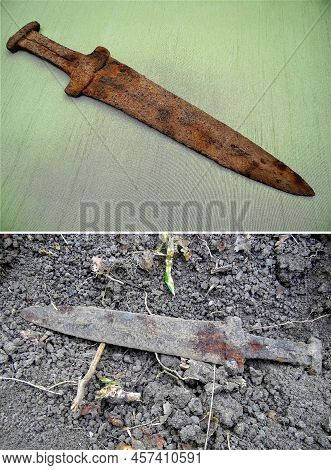 Scythian Sword, Scythian Dagger Of The Early Iron Age 3-5 Centuries Bc On A Green Cloth,  Ancient Sc