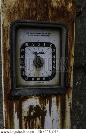 Editorial, Detail Of Derelict Vintage Avery-hardoll Petrol Fuel Gas Pump