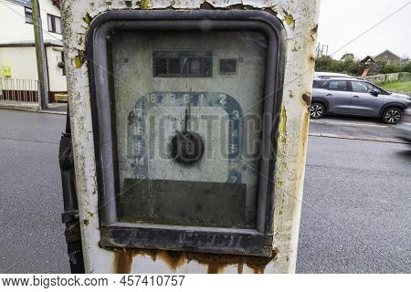 Editorial, Detail Of Derelict Vintage Avery-hardoll Petrol Fuel Gas Pump Selling In Gallons
