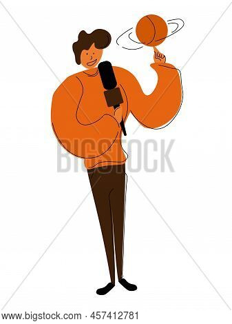 Sports Journalist Profession, Man With Microphone And Ball Vector Illustration