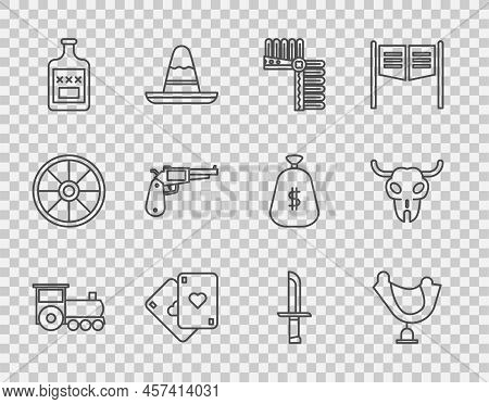 Set Line Retro Train, Wild West Saddle, Indian Headdress With Feathers, Playing Cards, Whiskey Bottl