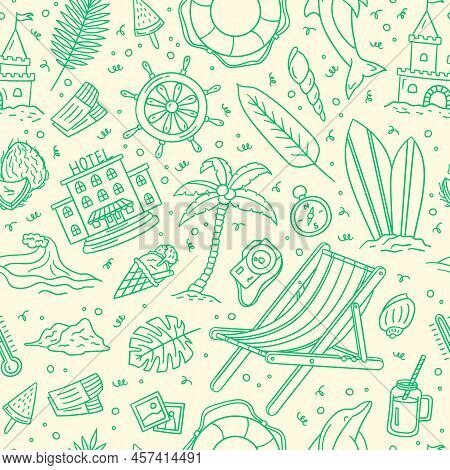 Vector Hand Drawn Summer Doodle Seamless Pattern Background. Includes Cute Cartoon Style Surfboard, 