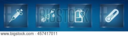 Set Syringe, Poison On The Arrow, Beaker With Toxic Liquid And Thermometer. Square Glass Panels. Vec