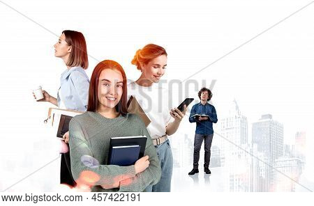 Business People Studying Together, Take Note, Using Smartphone, Notebook In Hands. New York Cityscap