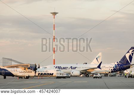 Otopeni, Romania - June 26, 2022: Tarom And Blue Air Airline Plane On The Henri Coanda Airport.