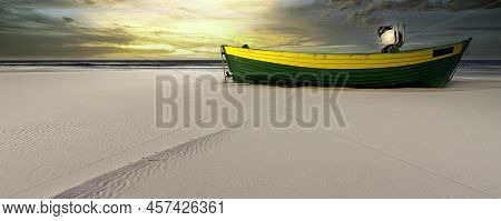 Sunset Over Baltic Sea With Fishing Boat On The Beach - Debki, Pomerania, Poland