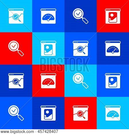 Set Website With Stocks Market, Digital Speed Meter, Magnifying Glass Check And Photo Retouching Ico