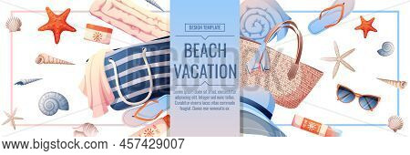 Beach Banner With Accessories For Relaxing By The Sea. Beach Bag, Sunscreen, Glasses, Towel, Shells.