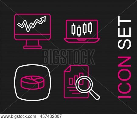 Set Line Document With Graph Chart, Pie Infographic, Stocks Market Growth Graphs And Monitor Icon. V