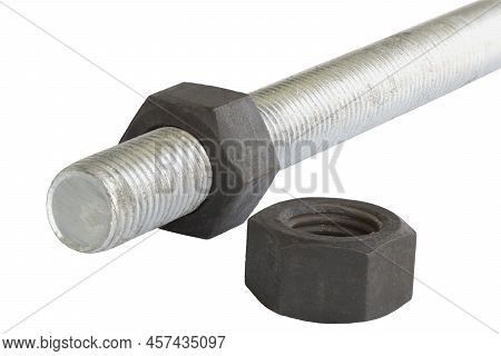 Threaded Rod With Female Screws In The Industry On White Background.
