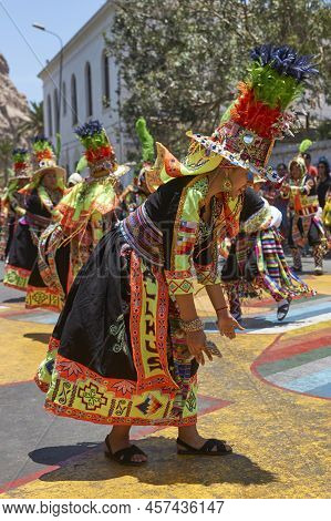 Arica, Chile - February 11, 2017: Tinkus Dance Group Dressed In Ornate Costumes Performing A Tinkus 