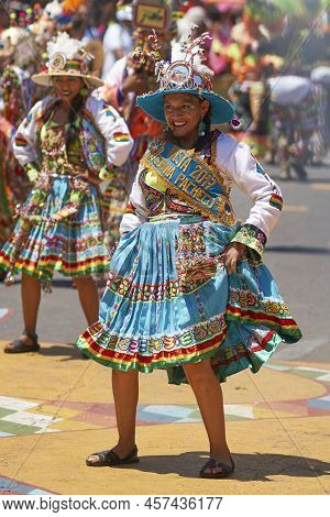Arica, Chile - February 11, 2017: Tinkus Dance Group Dressed In Ornate Costumes Performing A Tinkus 