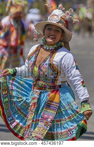 Arica, Chile - February 11, 2017: Tinkus Dance Group Dressed In Ornate Costumes Performing A Tinkus 