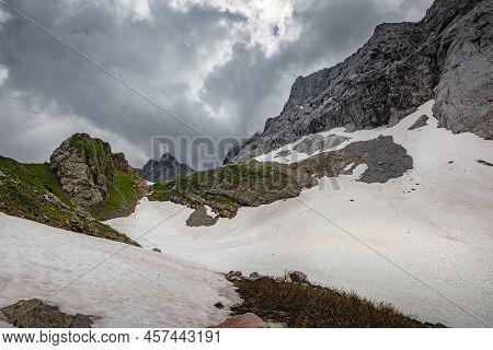 Mountain Hiking Trail Road. Small Mountain Lake. Between Italy And Austria: Volaia Lake Raunchkofer