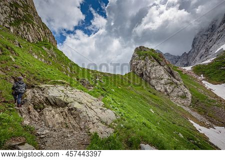 Mountain Hiking Trail Road. Small Mountain Lake. Between Italy And Austria: Near Volaia Lake Raunchk