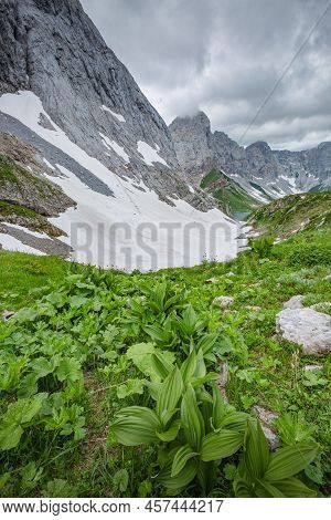 Mountain Hiking Trail Road. Small Mountain Lake. Between Italy And Austria: Near Volaia Lake Raunchk